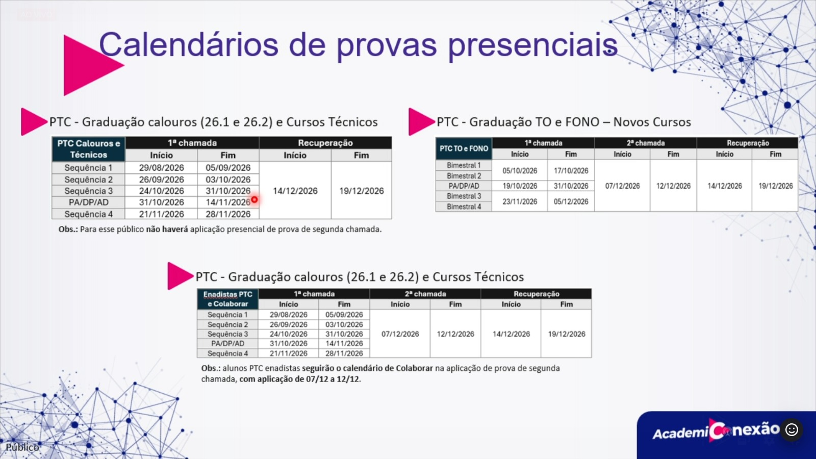 Calendários de provas presenciais 2026.2 com datas de primeira chamada, segunda chamada e recuperação